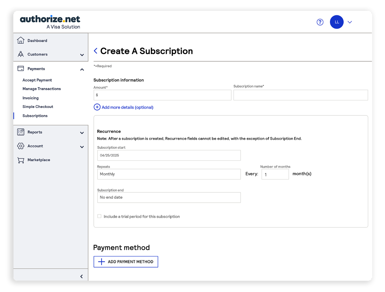 Authorize.Net screenshot