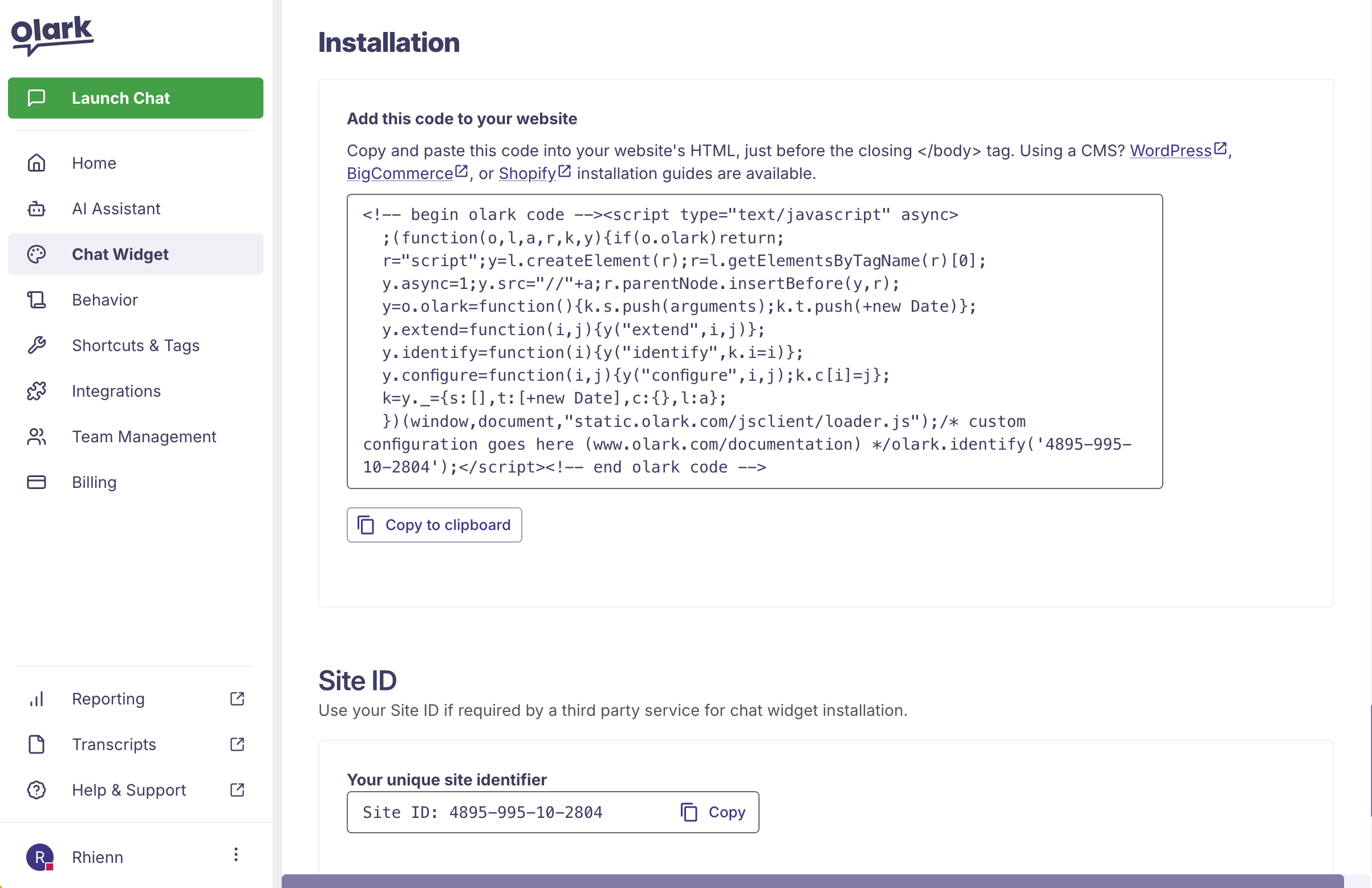Olark Chatbots screenshot
