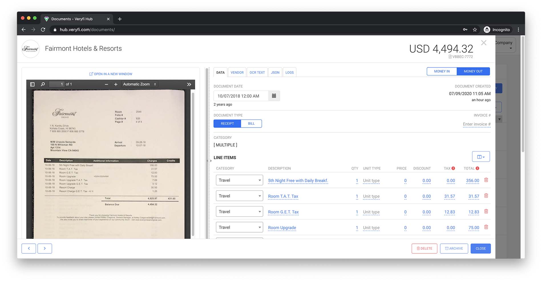 Veryfi OCR API screenshot