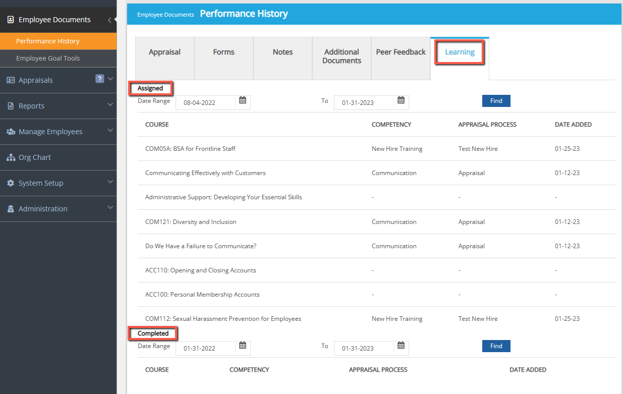 Learning Management (The Learning Center) screenshot