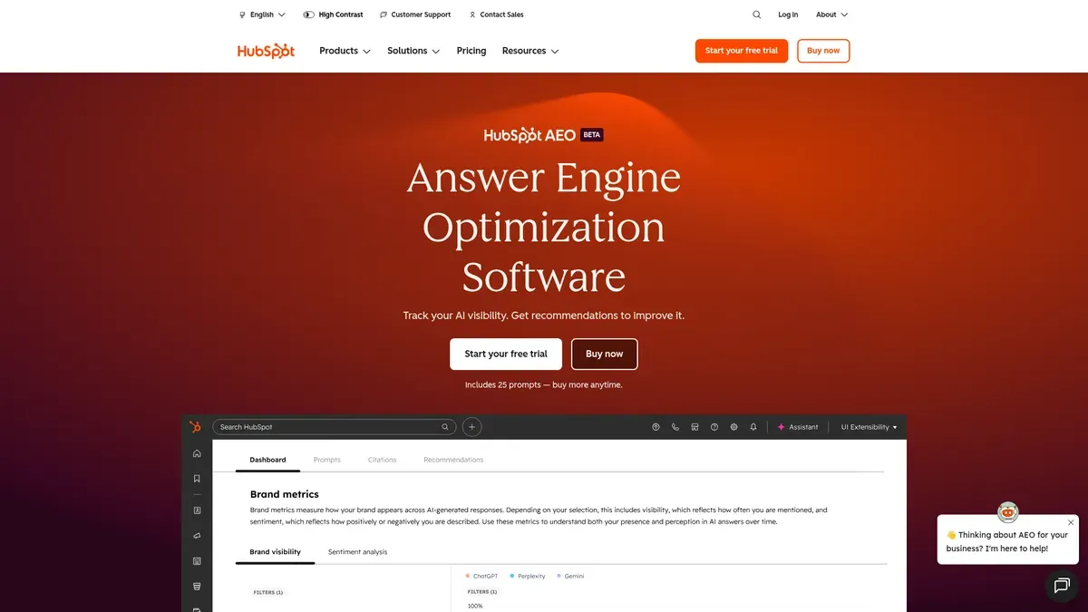 The HubSpot AEO product page presents answer engine optimization software for tracking AI visibility, with a brand metrics dashboard showing mention and sentiment analysis beneath the trial call to action.