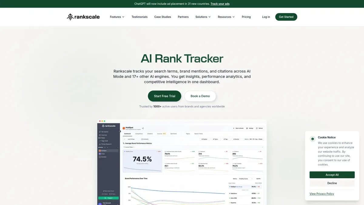 Rankscale's AI rank tracker feature page describes tracking brand mentions and citations across a wide set of AI engines.