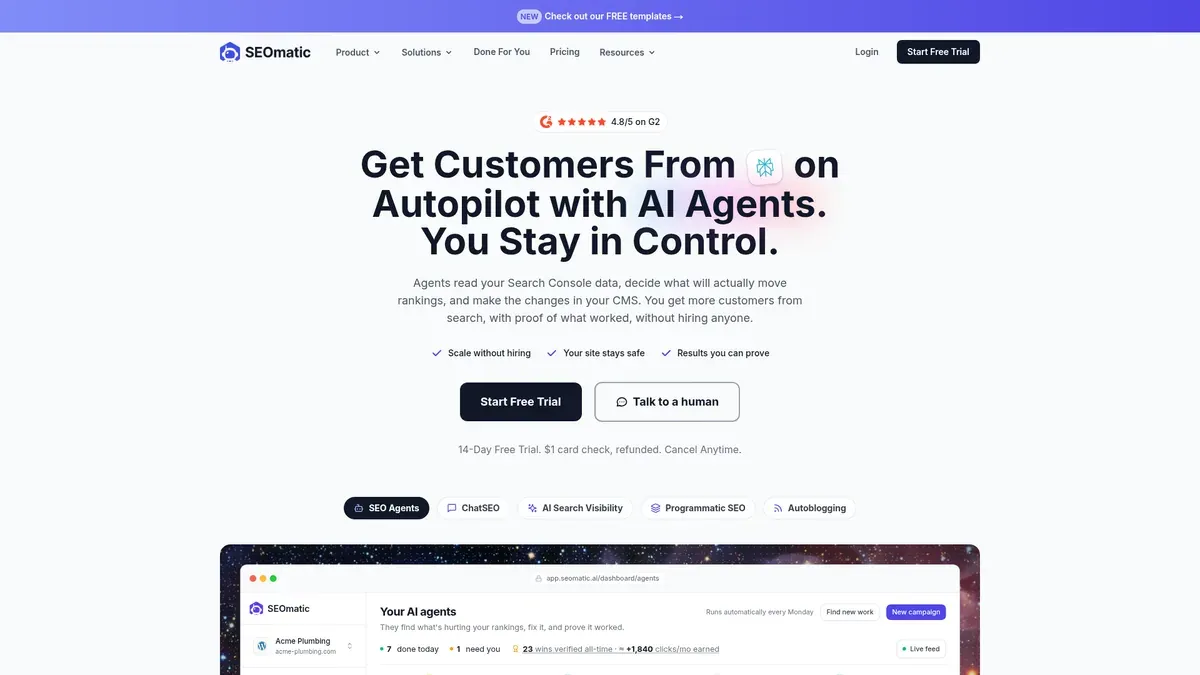 The SEOmatic homepage sells SEO agents that read Search Console data and make changes in your CMS, with tabs for programmatic SEO and autoblogging below the fold.