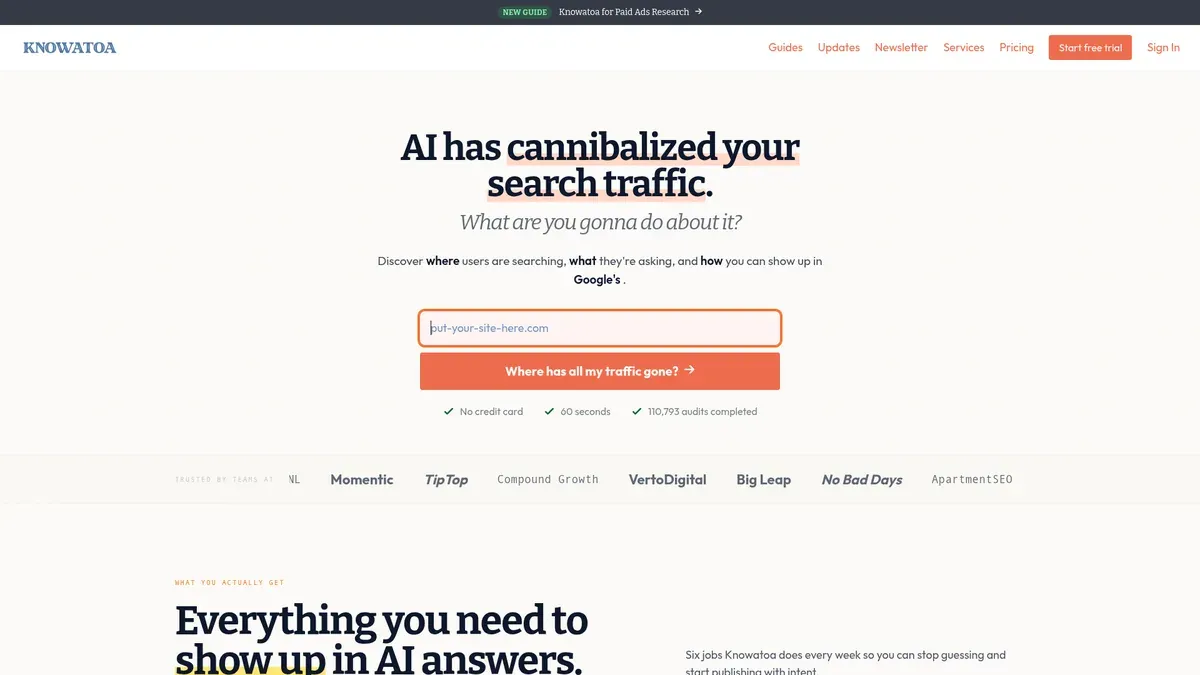 The Knowatoa homepage opens on AI cannibalizing search traffic and offers a free site audit that reports where users are searching and how you show up in AI answers.