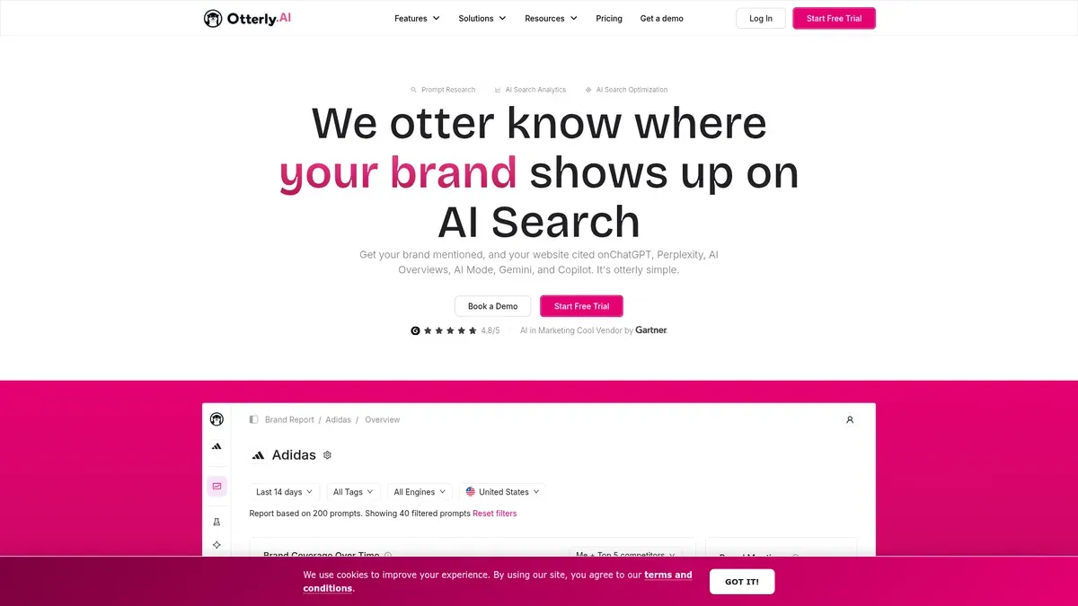 The Otterly.AI homepage promises to show where your brand appears in AI search across ChatGPT, Perplexity, AI Overviews, AI Mode, Gemini and Copilot, above a brand report tracking coverage over time for a named brand.