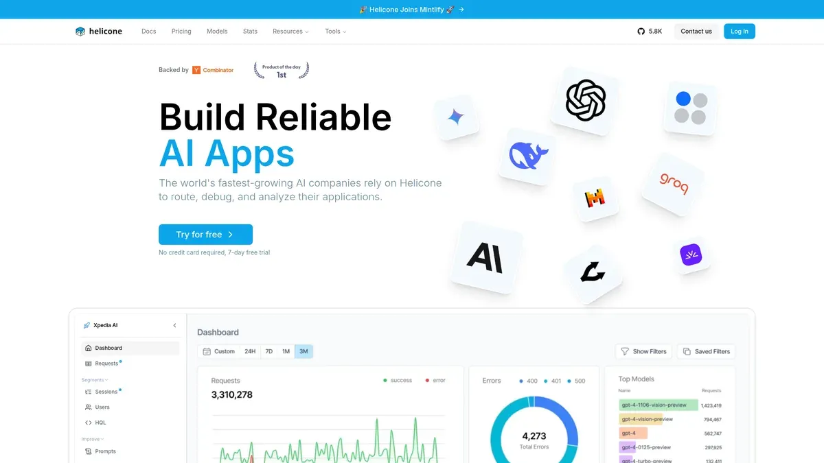 The Helicone homepage pitches reliable AI apps through one gateway, showing provider logos around a dashboard of request volume, error rates and per-model usage.