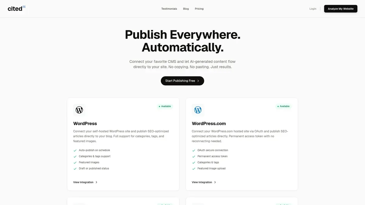 The Cited.so integrations page listing WordPress and WordPress.com as available publishing connections, each with auto-publish and category and tag support.