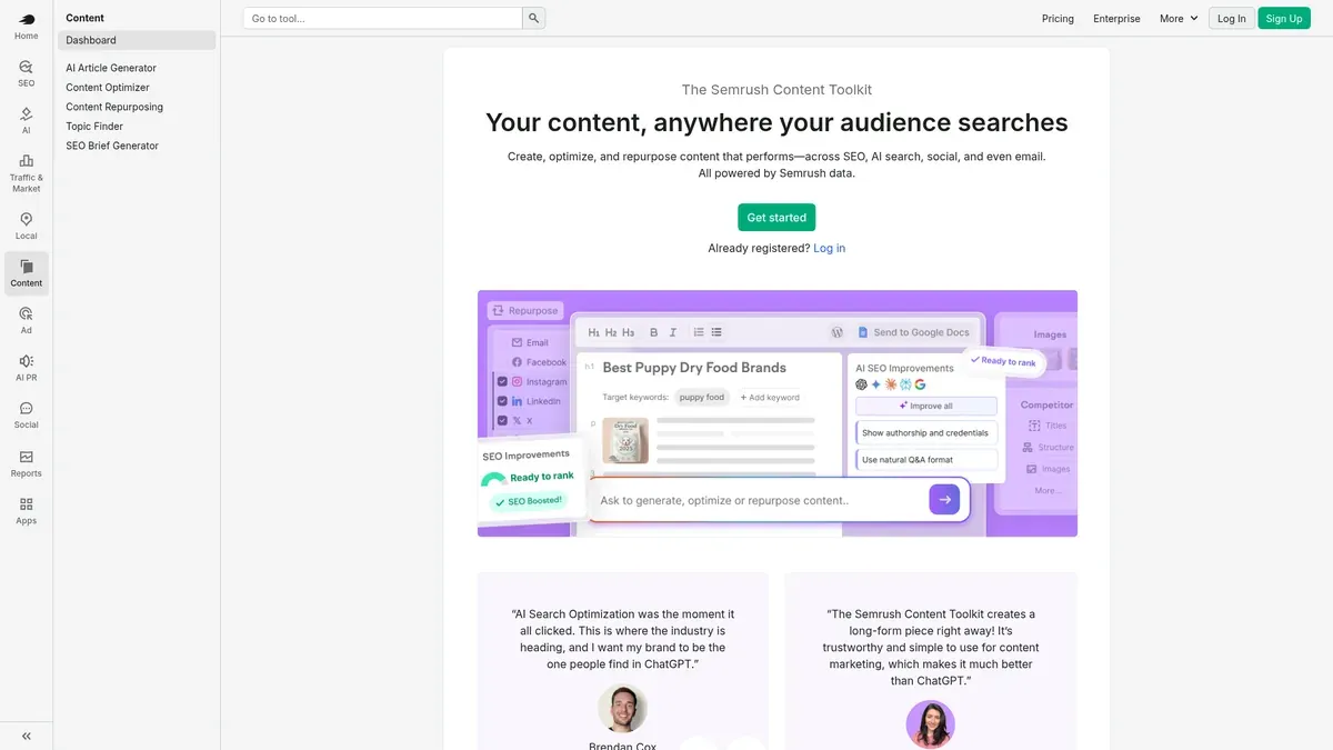 The Semrush Content Toolkit homepage, the product formerly sold as ContentShake AI.