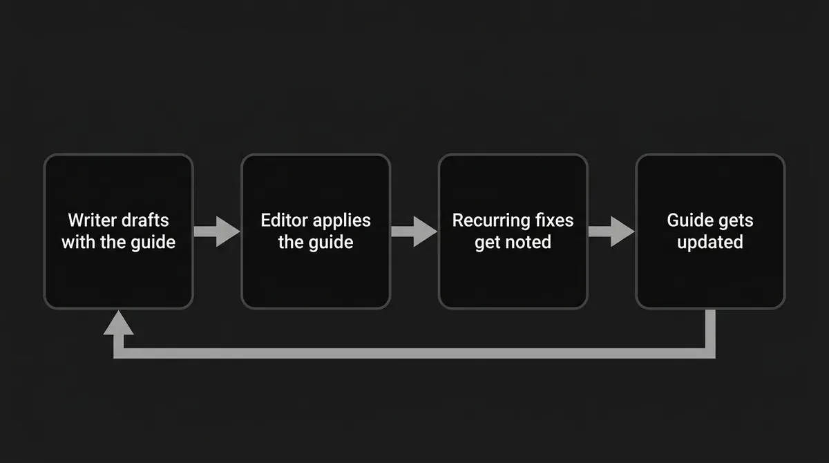 A four-step loop in which the writer drafts with the guide, the editor applies it, recurring fixes get noted, and the guide gets updated before the cycle starts again.