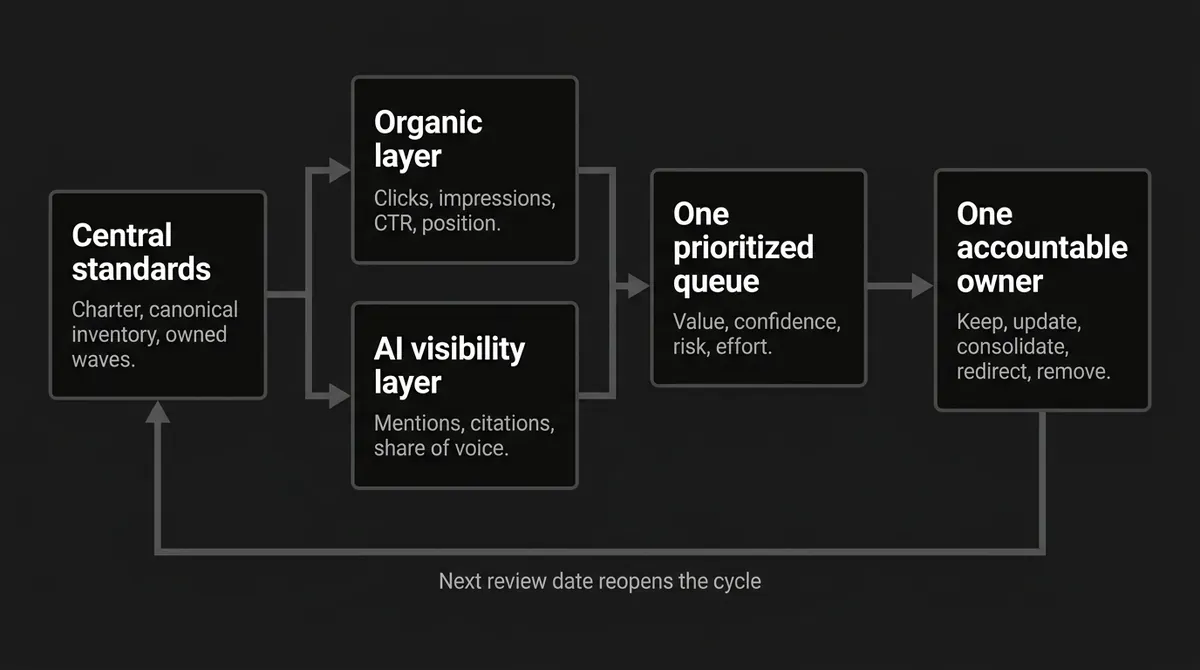 A flow diagram showing central standards feeding two parallel evidence lanes, an organic layer and an AI visibility layer, which stay separate until they meet in one prioritized queue that routes each page to one accountable owner, with a return line reading next review date reopens the cycle running back to the standards.