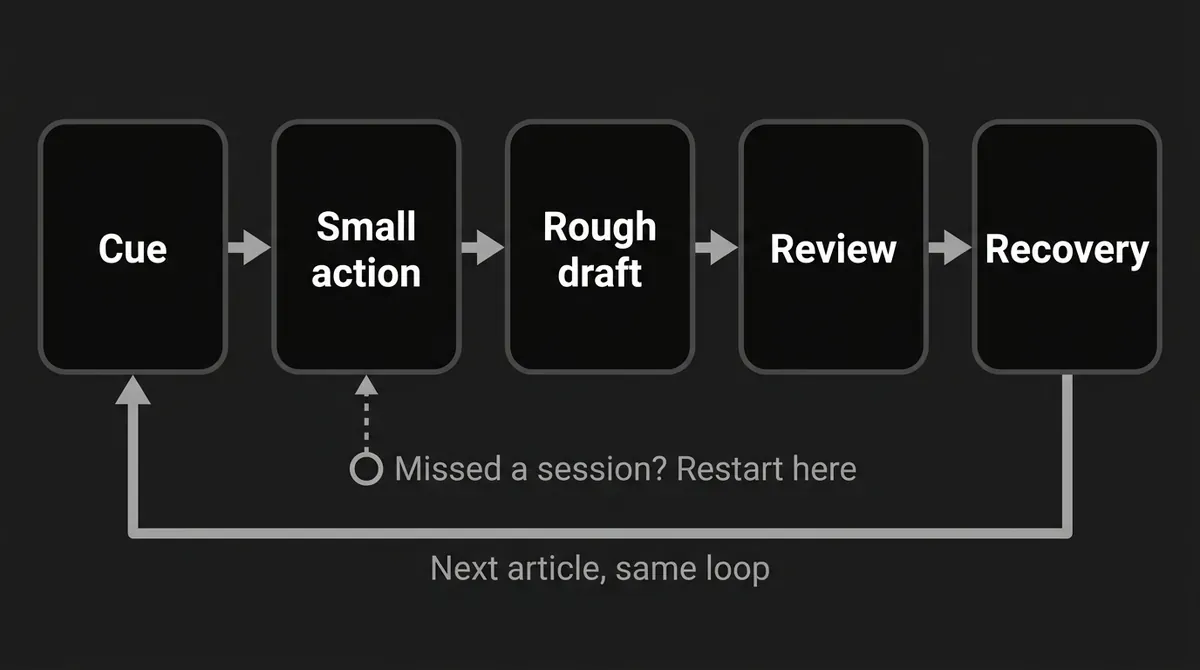 A five-step loop of cue, small action, rough draft, review and recovery that returns to the start for the next article, with a separate path showing that after a missed session you restart at the small action.