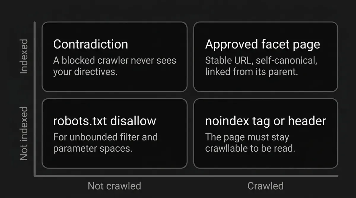 A 2x2 matrix maps each facet URL control against whether the page should be crawled and whether it should be indexed: robots.txt disallow for URLs that are neither, a noindex tag or header for pages that are crawled but should not appear, an approved facet page with a stable self-canonical URL for pages that are both, and a contradiction in the fourth cell because a blocked crawler never sees the directive you set.