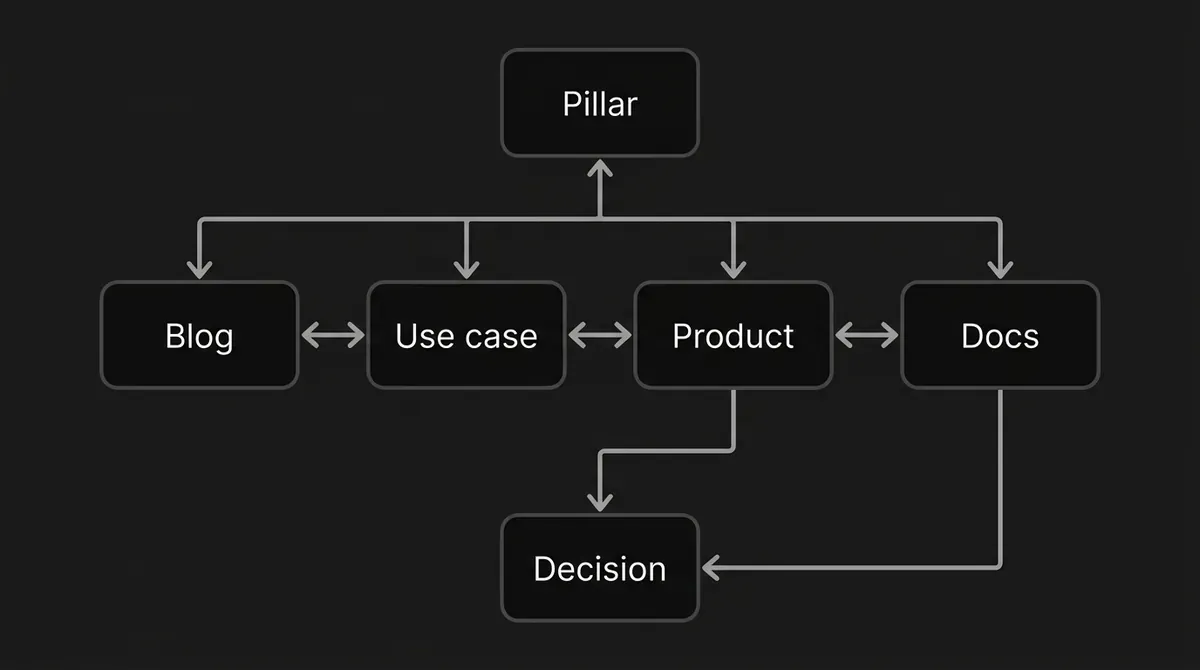 A network diagram in which a pillar page connects in both directions to blog, use-case, product, and docs pages, those four link across to each other in both directions, and the product and docs pages both route forward to a decision page.