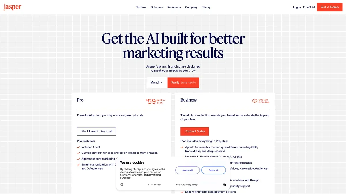 Jasper's pricing page lists a Pro plan at $59 per seat per month billed yearly and a custom-priced Business plan, each with its own bullet list of included features.