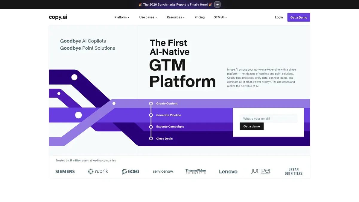The Copy.ai homepage bills the product as an AI-native go-to-market platform spanning content creation, pipeline generation, campaign execution and deal closing rather than a document editor.