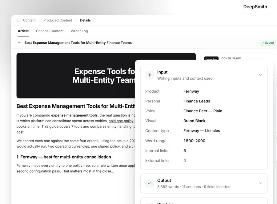 The DeepSmith writer log shows each draft running against stored brand context, with product, persona, voice, visual guideline, content type, word range and internal and external link targets as inputs, and the finished article's word, section and link counts as outputs.