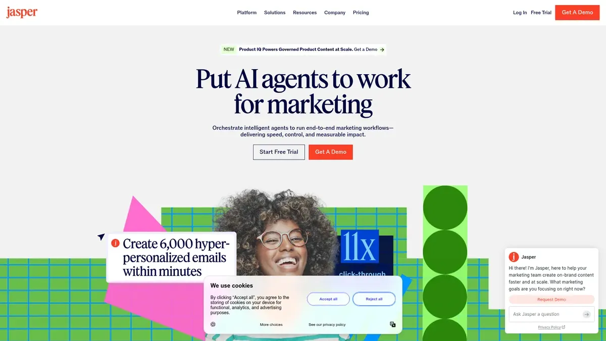 Jasper's homepage, an AI marketing agent platform for content teams.