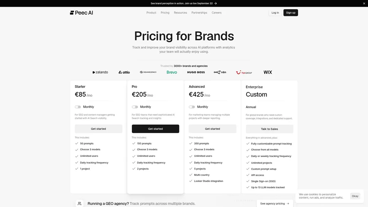 The Peec AI pricing page lists Starter, Pro, Advanced, and a custom Enterprise plan, each with its included prompt count, model selection, project limit, and feature checklist side by side.