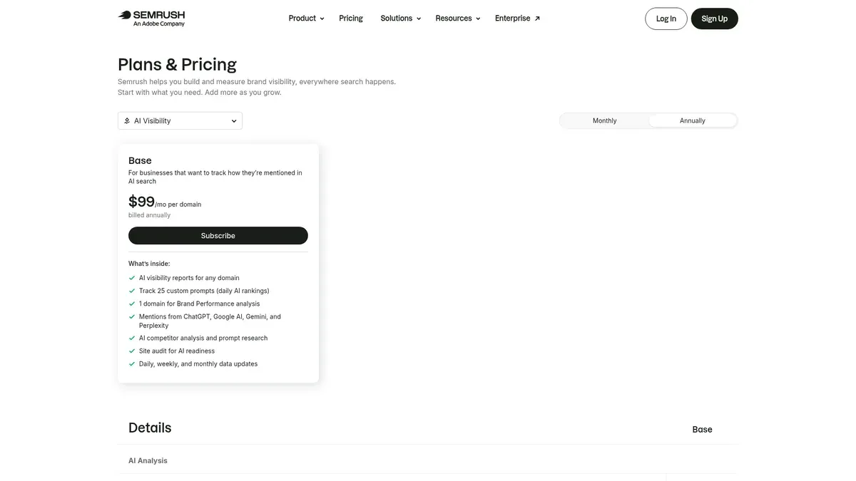 The Semrush pricing page filtered to AI Visibility shows a single $99 per month Base plan covering 25 tracked prompts, AI competitor analysis and daily reporting for one domain.