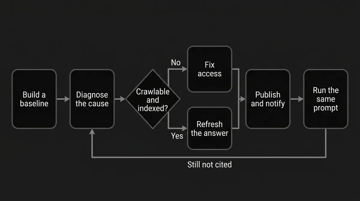 A left to right flow diagram of the recovery loop: Build a baseline leads to Diagnose the cause, then a Crawlable and indexed? gate sends No to Fix access and Yes to Refresh the answer, both converging on Publish and notify and then Run the same prompt, with a return line labelled Still not cited running back to Diagnose the cause rather than to the start.