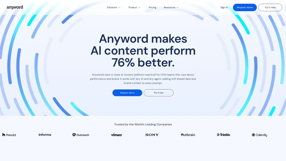The Anyword homepage leads with the company's own marketing claim that its AI content performs 76% better, framing the product around predicted performance and brand context.