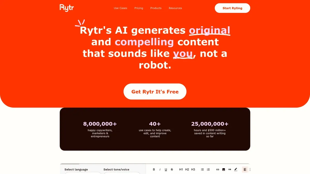 Rytr's homepage, with a headline about AI content that sounds like you and a stat line showing 40+ use cases.