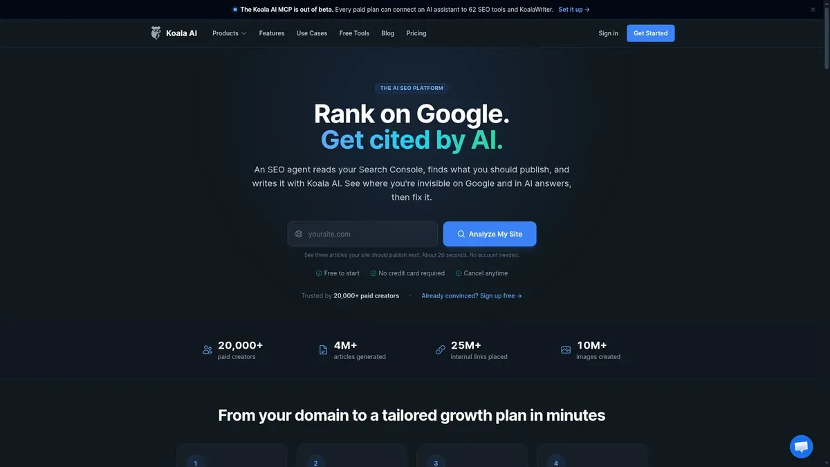Koala homepage showing its pitch to rank on Google and get cited by AI.