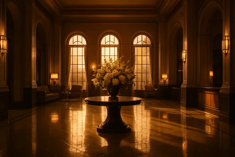 Elegant luxury hotel lobby with marble floors and golden hour lighting