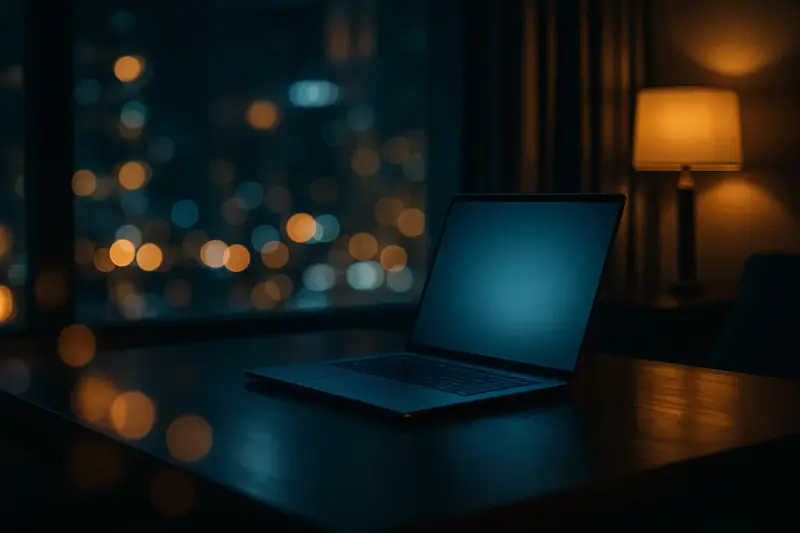 Glowing laptop on a dark desk with city lights in the background, representing digital privacy and cybersecurity