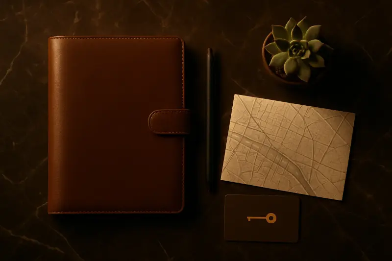 Luxury travel planning essentials on a dark marble surface with warm ambient lighting