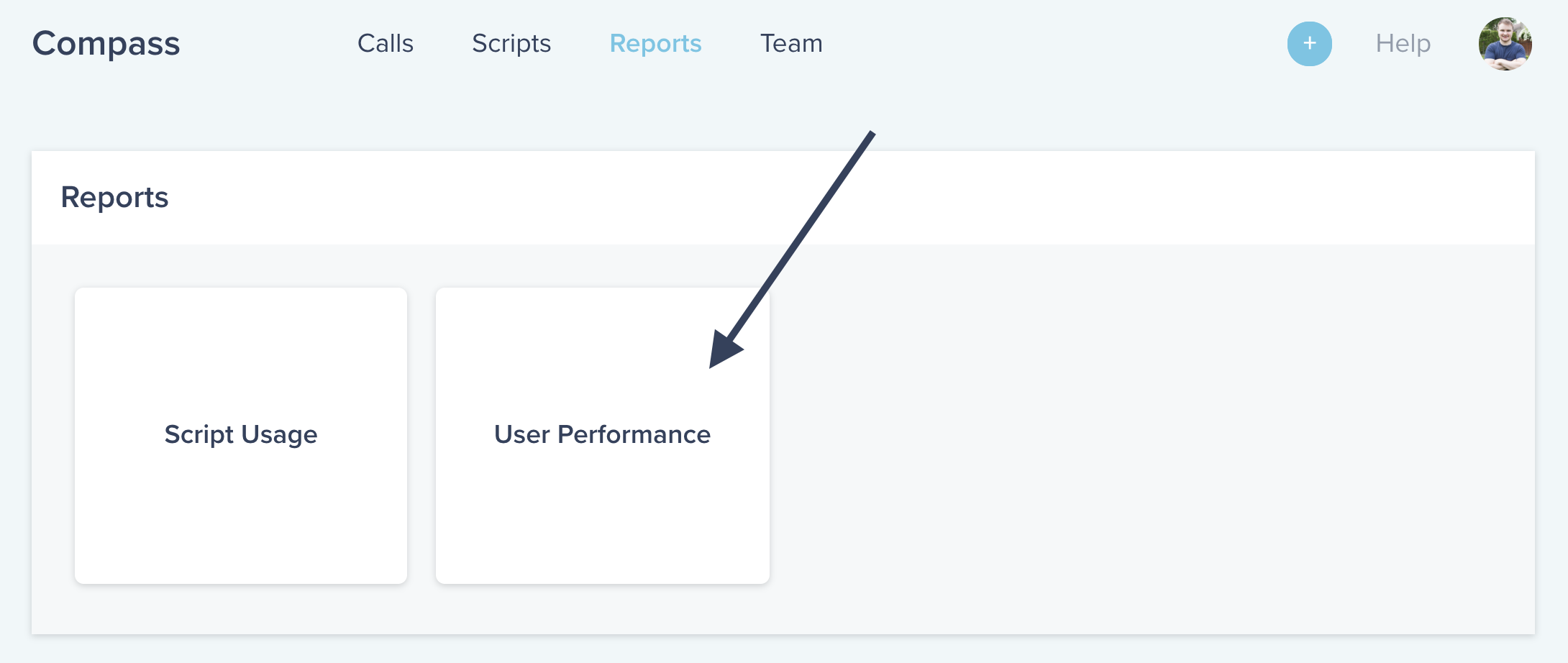 Compass software UI showing how to navigate to the user performance report
