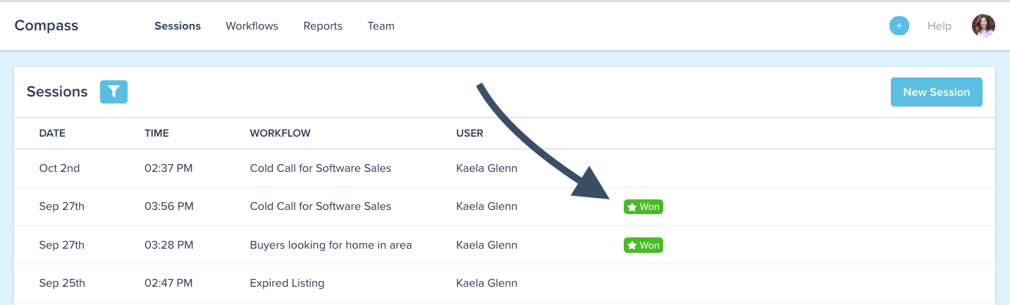 Compass software example of a won session listing
