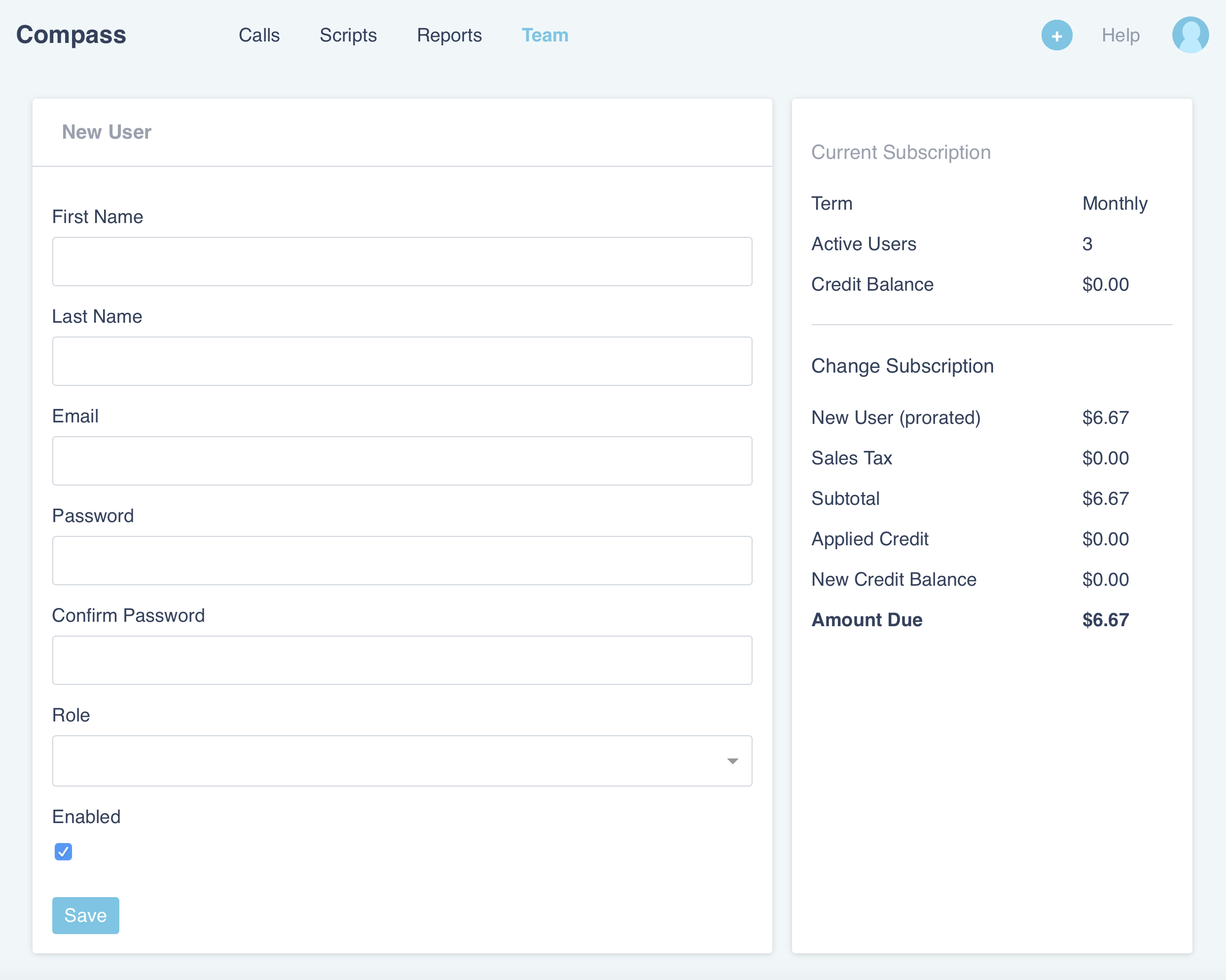 Compass software UI new user form