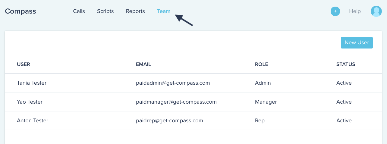 Compass software UI showing the team navigation menu