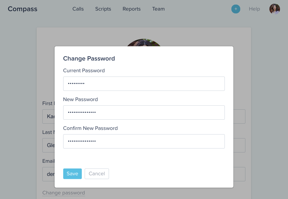 Compass software UI displaying the change password prompt
