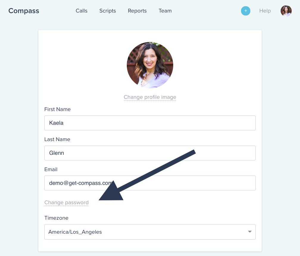 Compass software UI displaying how to find the change password option