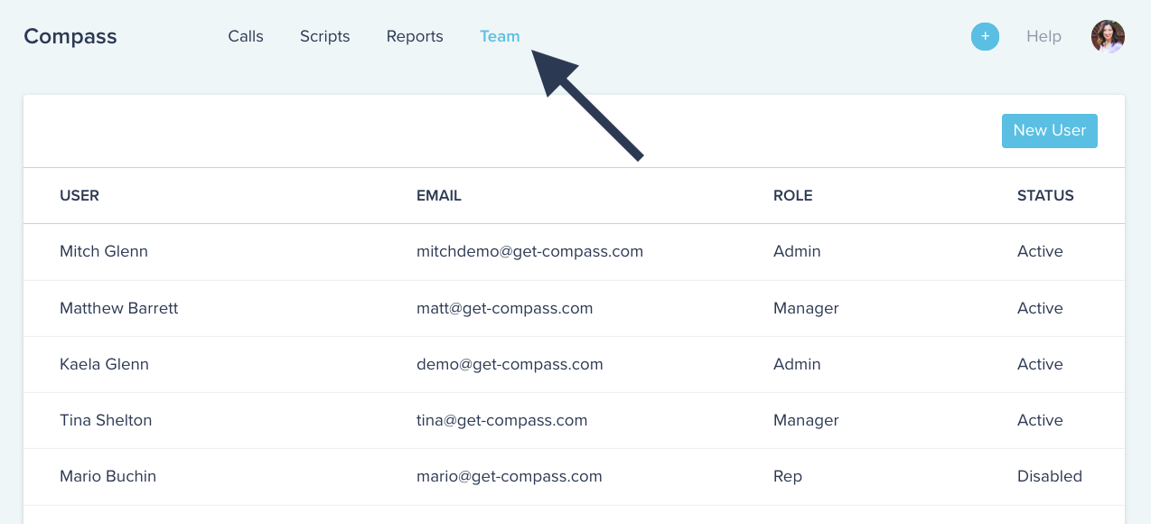 Compass software UI showing how to navigate to the team page