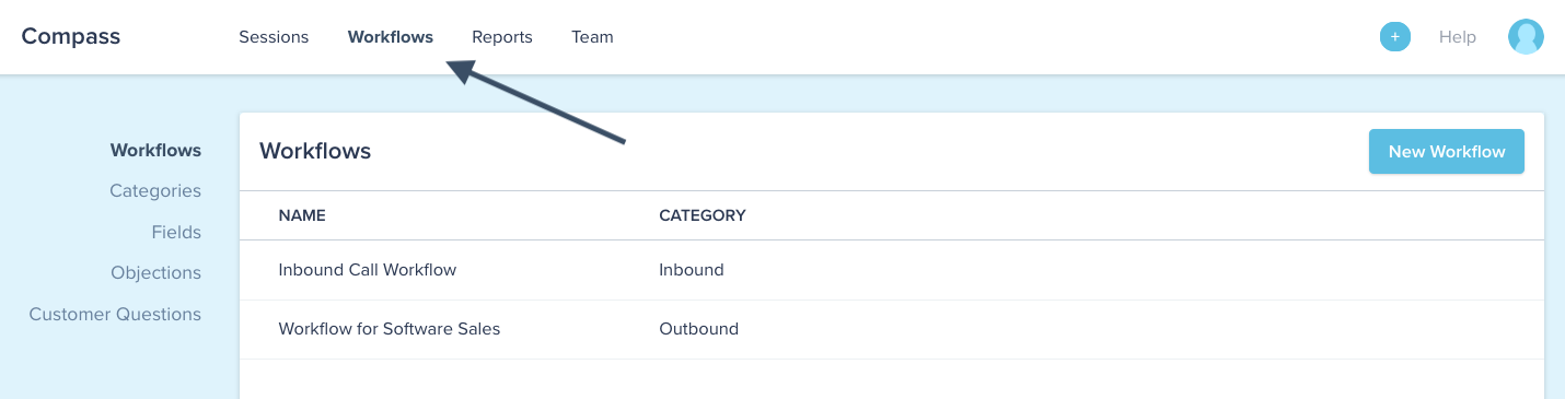Compass software example of navigating to the list of all workflows