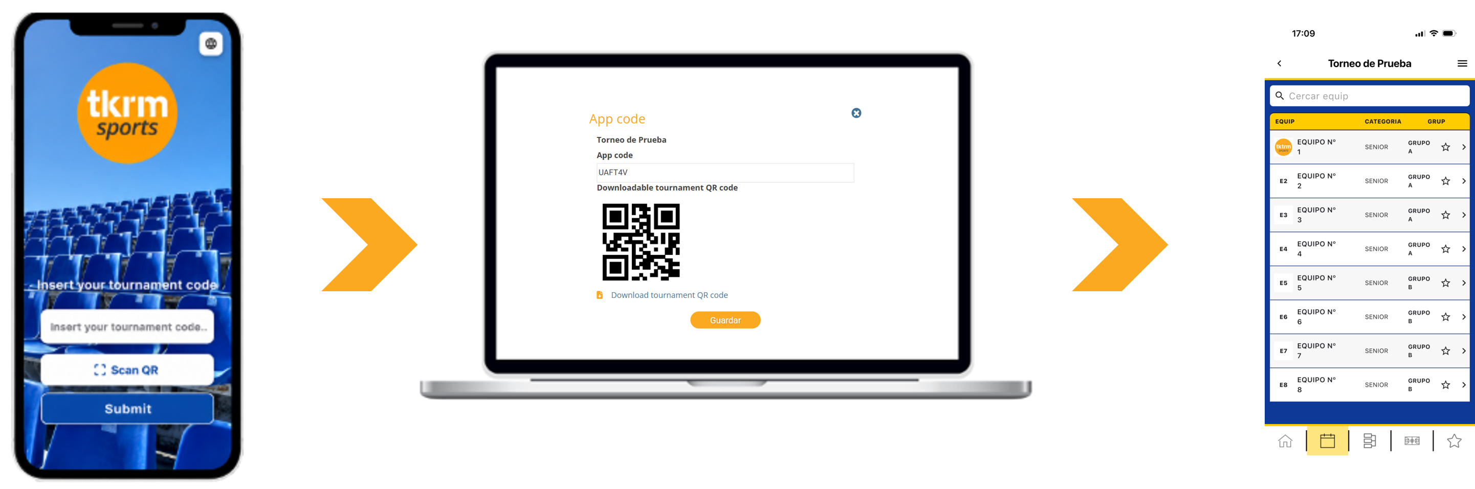 Acceso a la competición mediante el código o QR y consulta de equipos en la App.