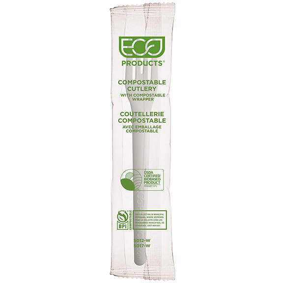Plantware Renewable & Compostable Individually Wrapped Fork - 6" White, Compostable Wrapper