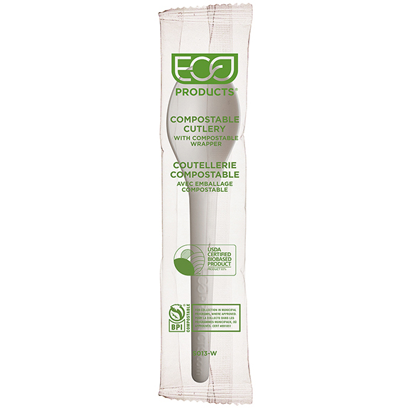 Plantware Renewable & Compostable Individually Wrapped Spoon - 6" White, Compostable Wrapper