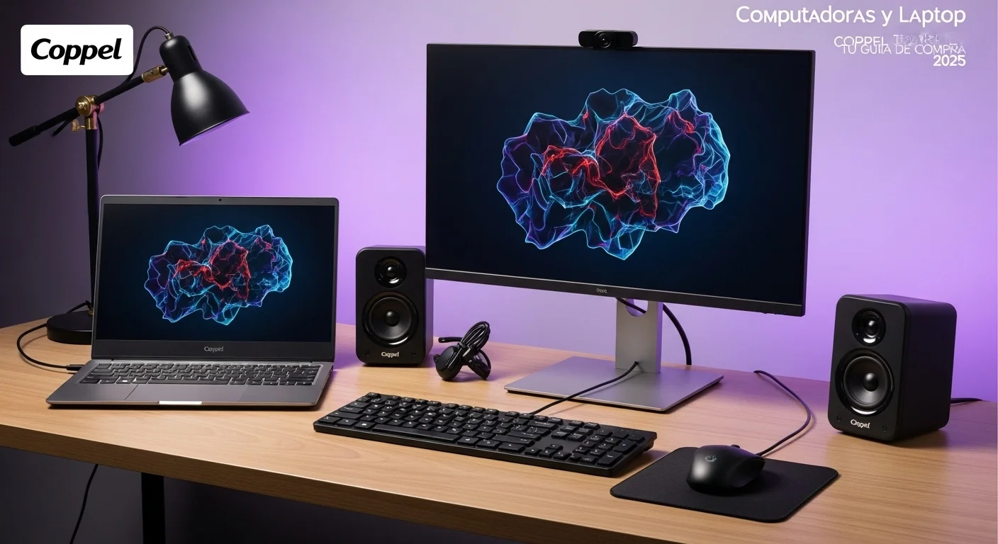 Escritorio de oficina con una laptop, monitor externo, teclado, ratón y bocinas, todo disponible en Coppel