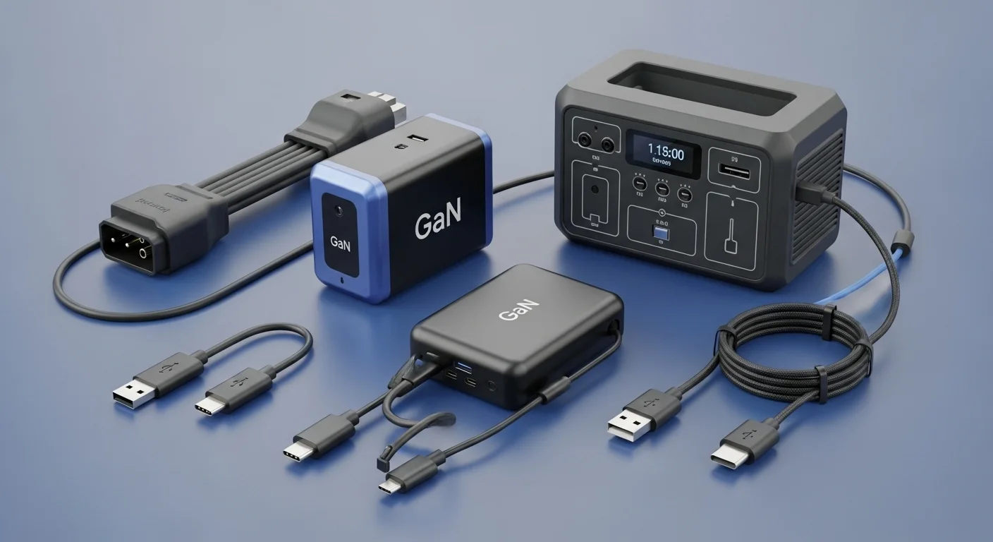 Colección de accesorios de corriente para tecnología, incluyendo un cable de corriente para pc, un cargador GaN, una estación de energía portátil y cables USB-C, mostrando la diversidad de soluciones de energía.