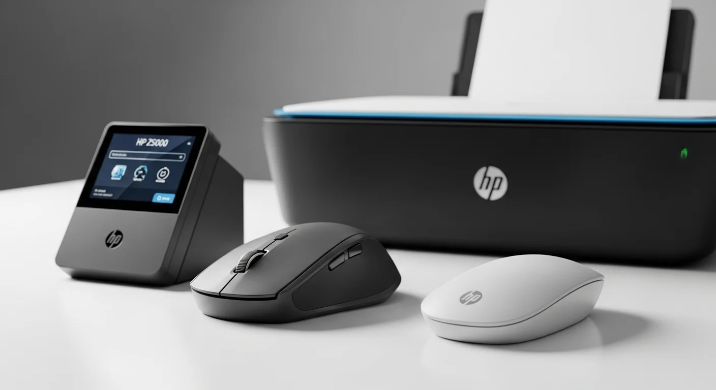 Colección de accesorios Bluetooth HP, incluyendo el mouse HP Z5000, el HP Bluetooth Travel Mouse y una impresora HP.