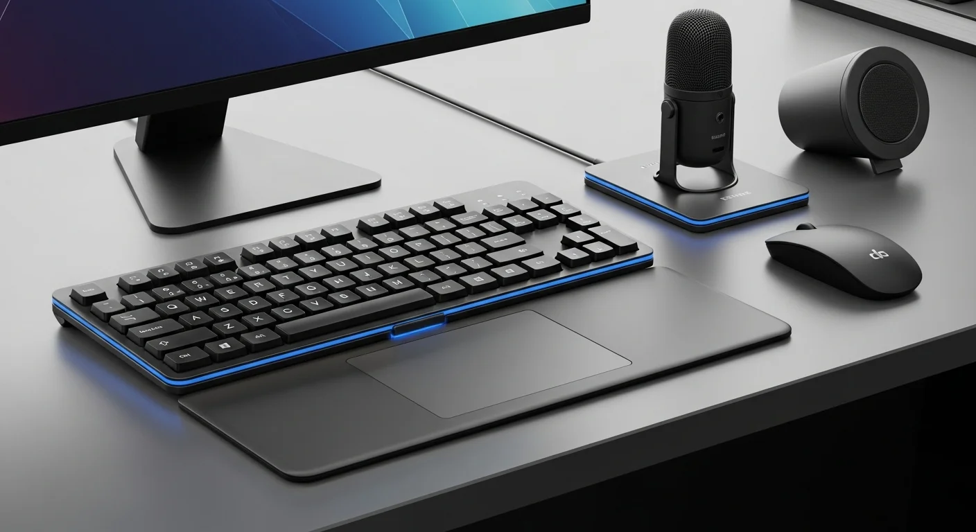 Varios accesorios tecnológicos integrados, incluyendo un teclado con touchpad y un micrófono con bocina, organizados en un escritorio.