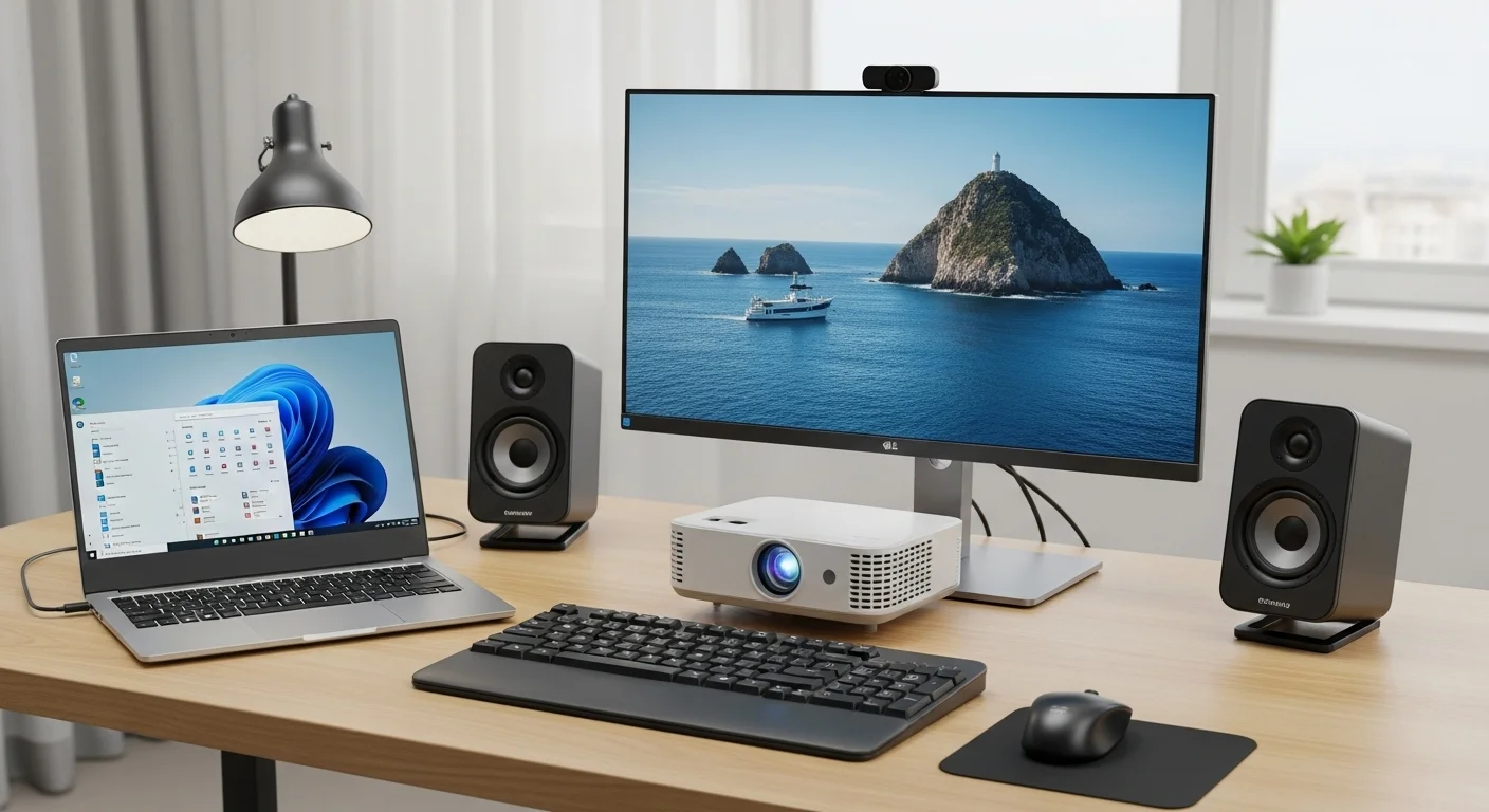 Un escritorio de oficina organizado con una laptop ejecutando Microsoft Office, junto a accesorios tecnológicos como un monitor externo, un proyector compacto, bocinas y un teclado ergonómico.