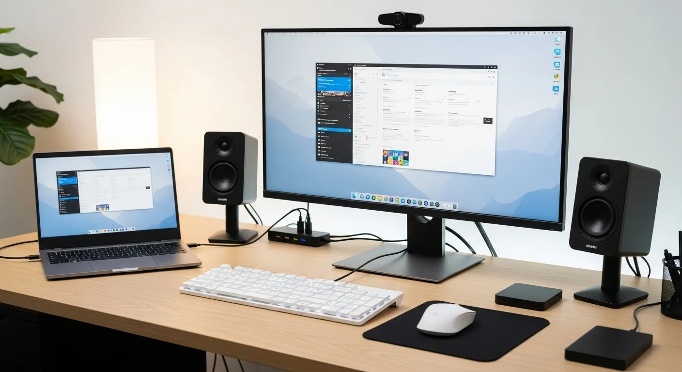 Un escritorio de oficina con un ordenador portátil conectado a un monitor externo, un teclado ergonómico, un ratón y bocinas, mostrando accesorios tecnológicos.