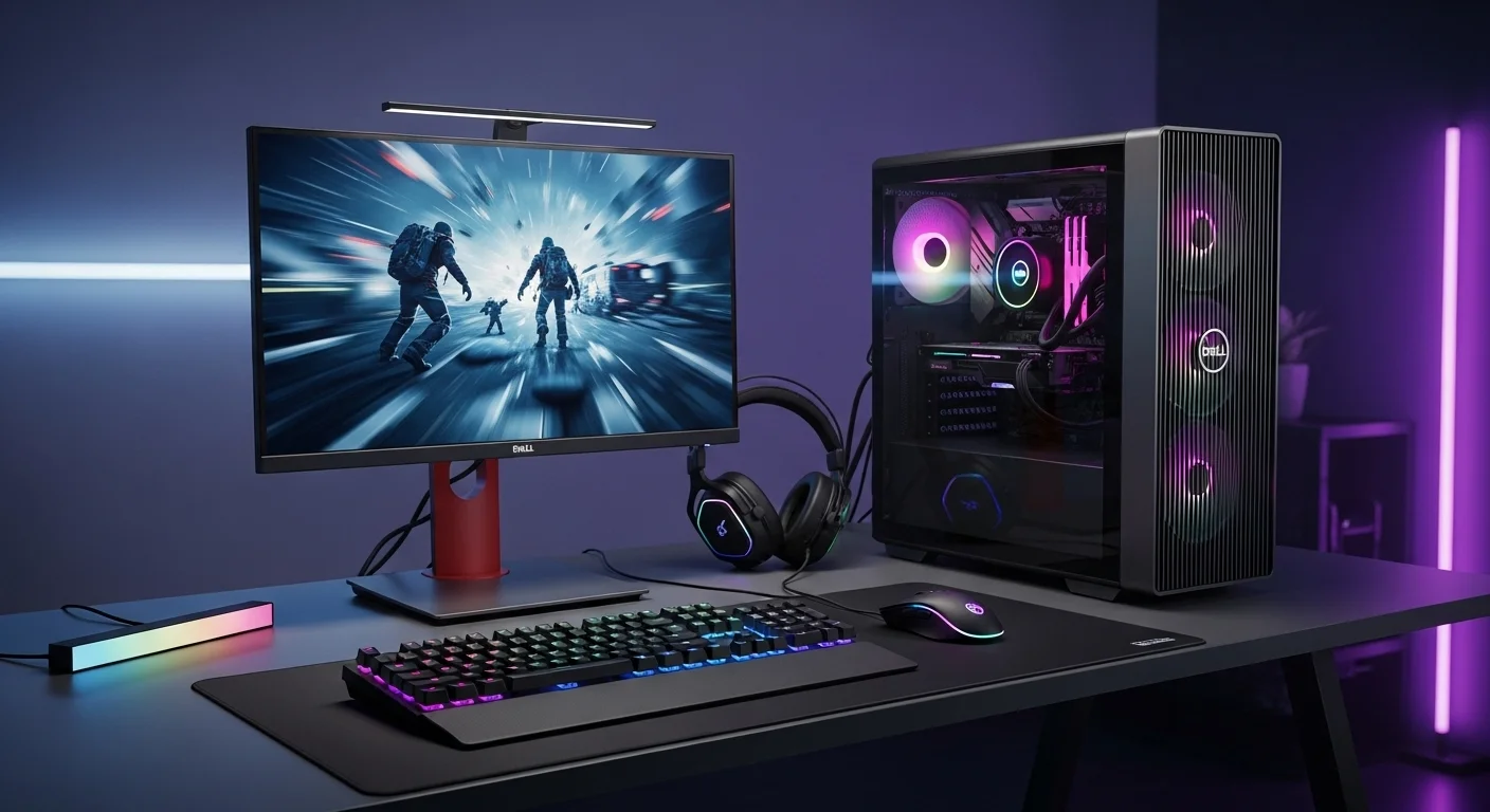 Setup de gaming completo con una computadora Dell G5, un monitor externo, teclado mecánico y ratón RGB, mostrando accesorios de tecnología.