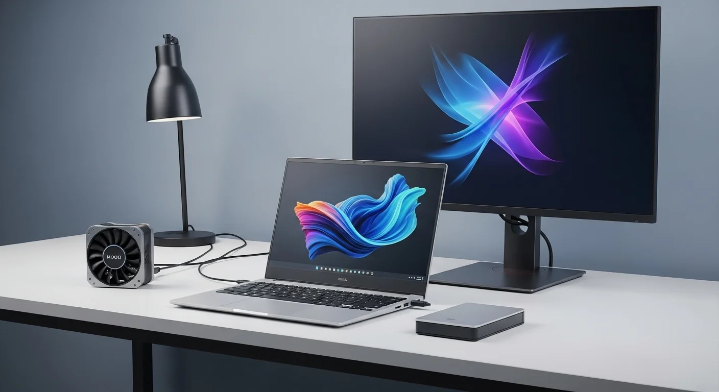 Un setup de trabajo con una laptop conectada a una pantalla externa, un cooler y una memoria externa sobre la mesa.