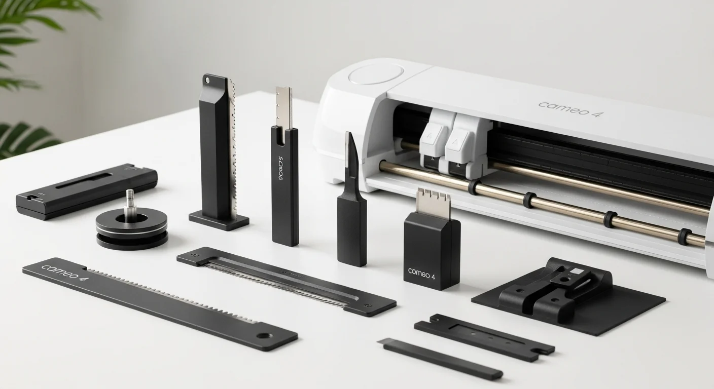 Colección de cuchillas, herramientas y accesorios para el plotter de corte Cameo 4, mostrando la versatilidad del equipo para distintos materiales.